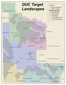 map showing DUC target landscapes in southwest Manitoba and DUC staff assigned to those areas