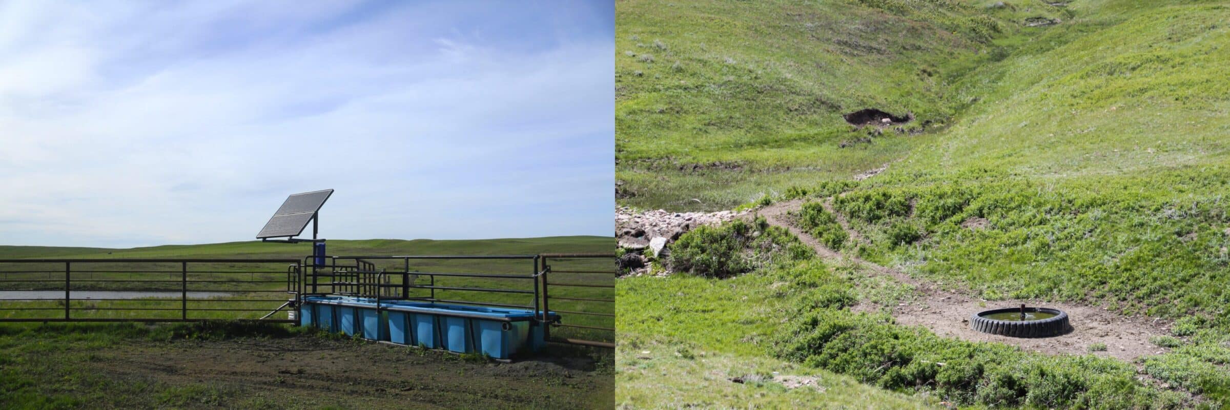 On the left a solar watering system for cattle and on the right a tire tank livestock waterer